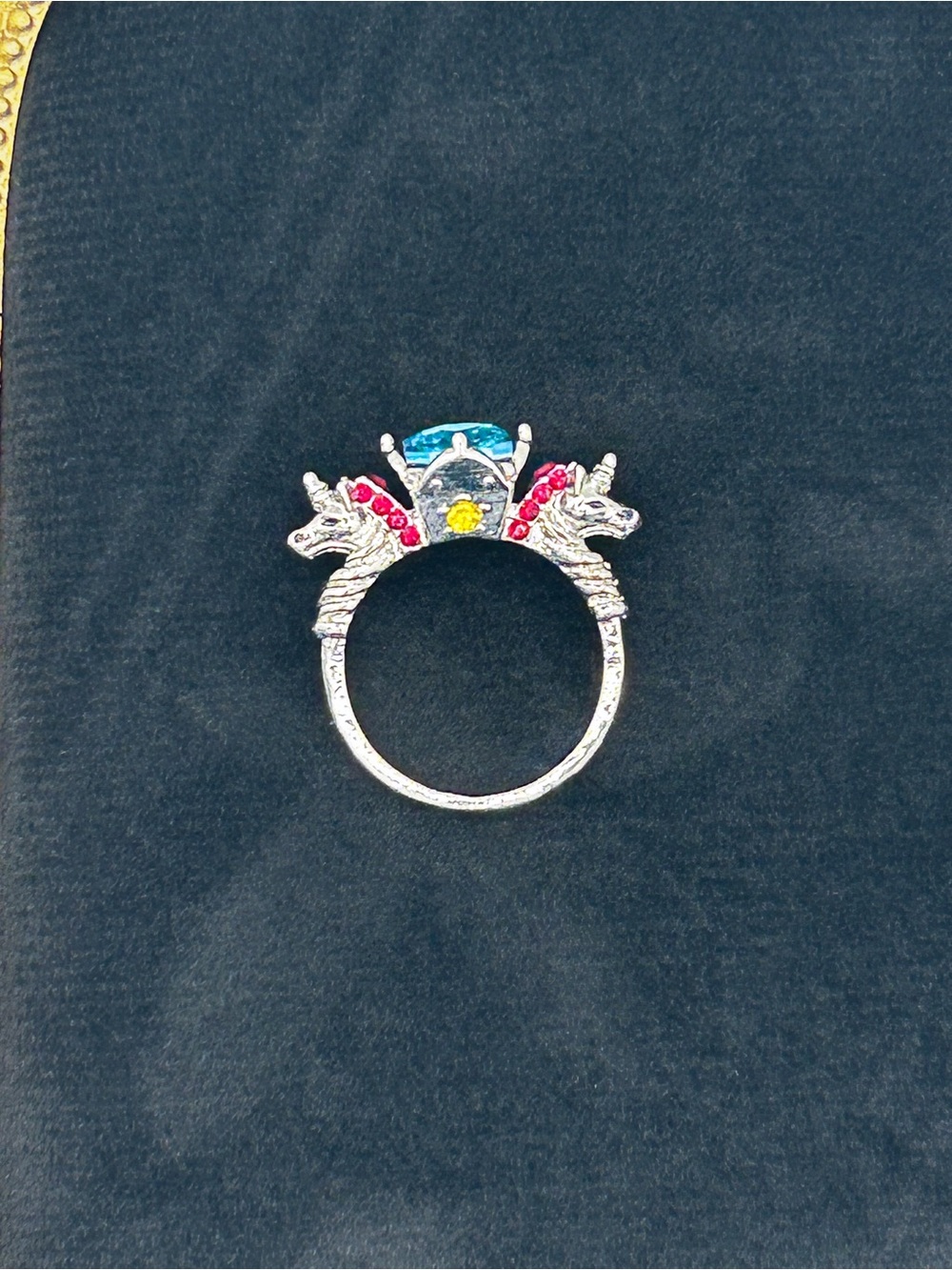 Mythical Dual Unicorn Statement Ring Aqua Blue Crystal Size 9.75
